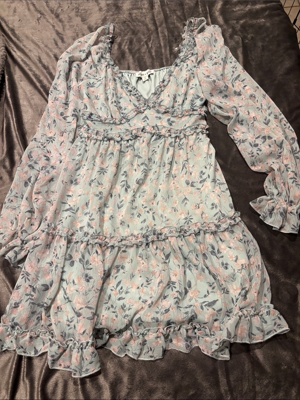 Juniors Floral Ruffle Dress in Light Blue and Pink